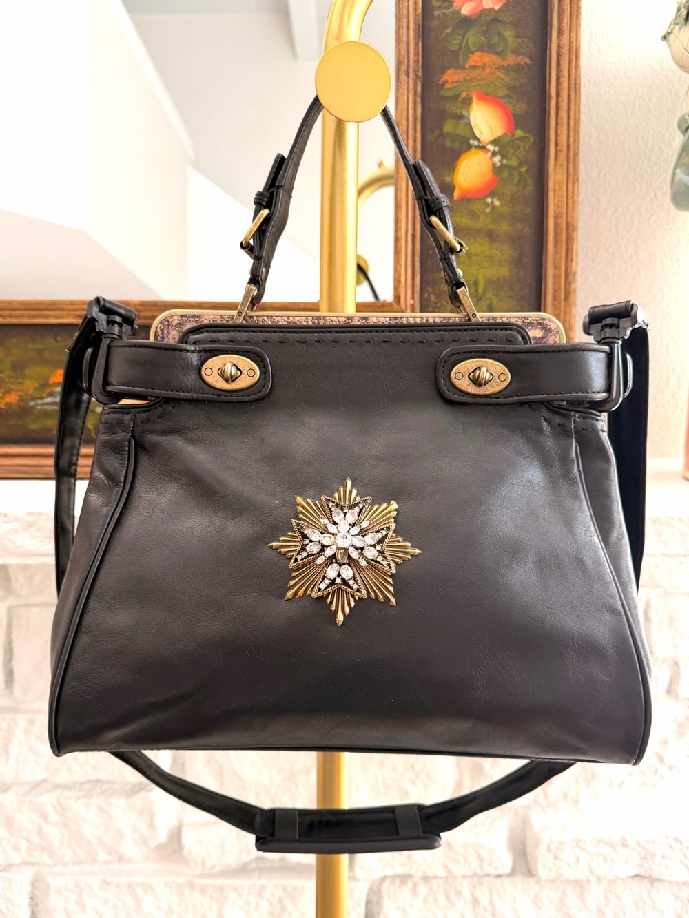 Talbots Black Leather Double Compartment Satchel Jeweled Brooch Shoulder Bag